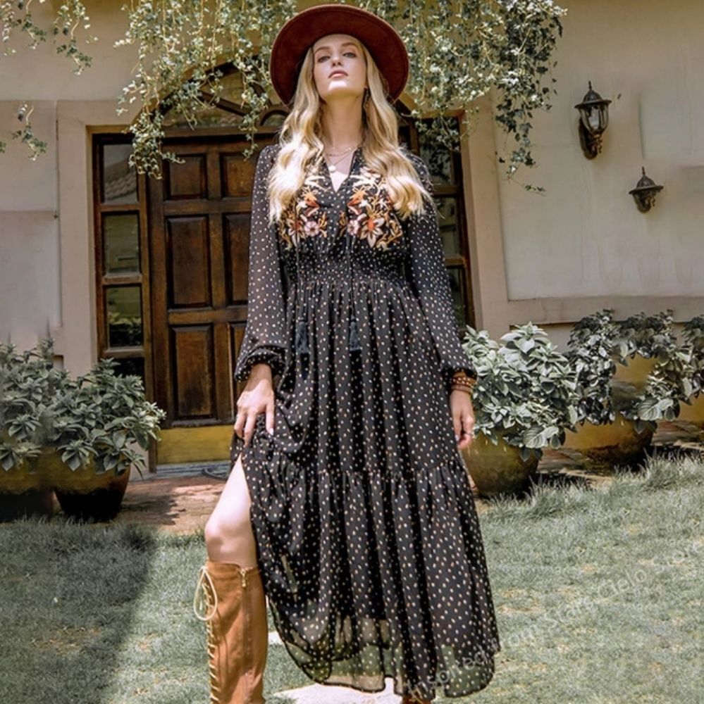 Piper & Scoot Black Embroidered Boho Maxi Dress